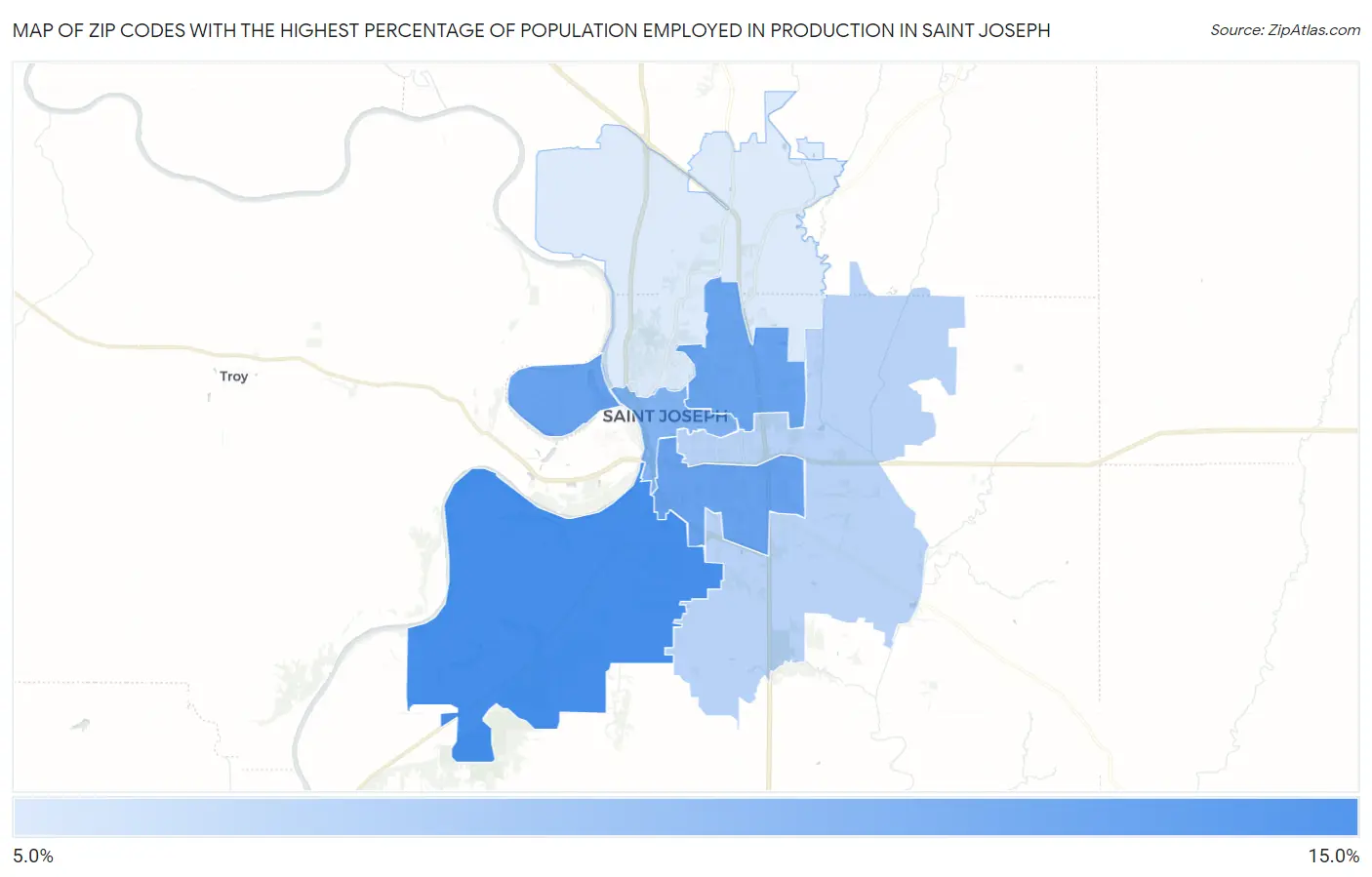 Zip Codes with the Highest Percentage of Population Employed in Production in Saint Joseph Map