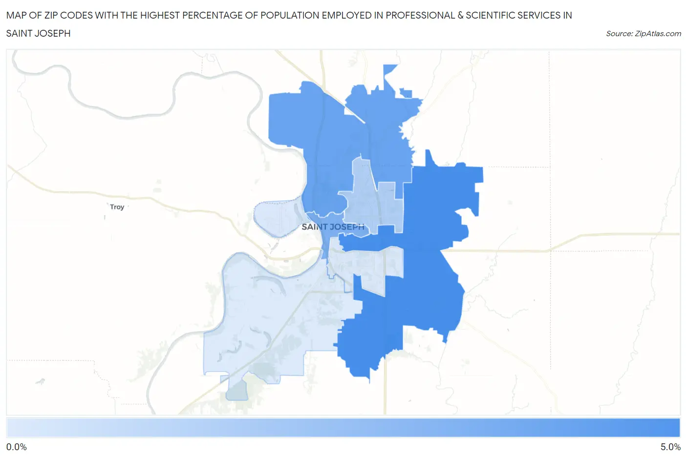 Zip Codes with the Highest Percentage of Population Employed in Professional & Scientific Services in Saint Joseph Map