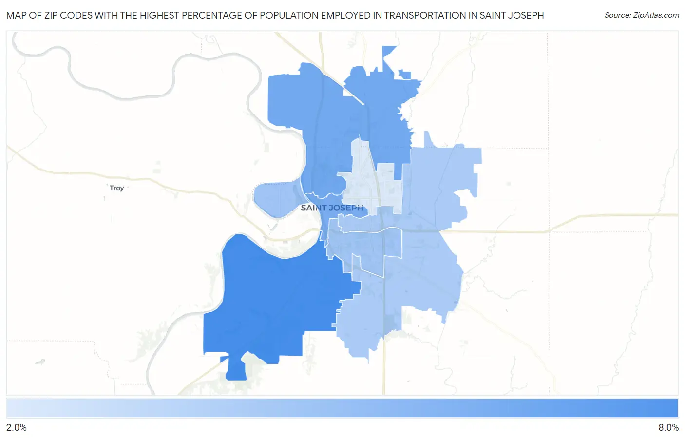 Zip Codes with the Highest Percentage of Population Employed in Transportation in Saint Joseph Map