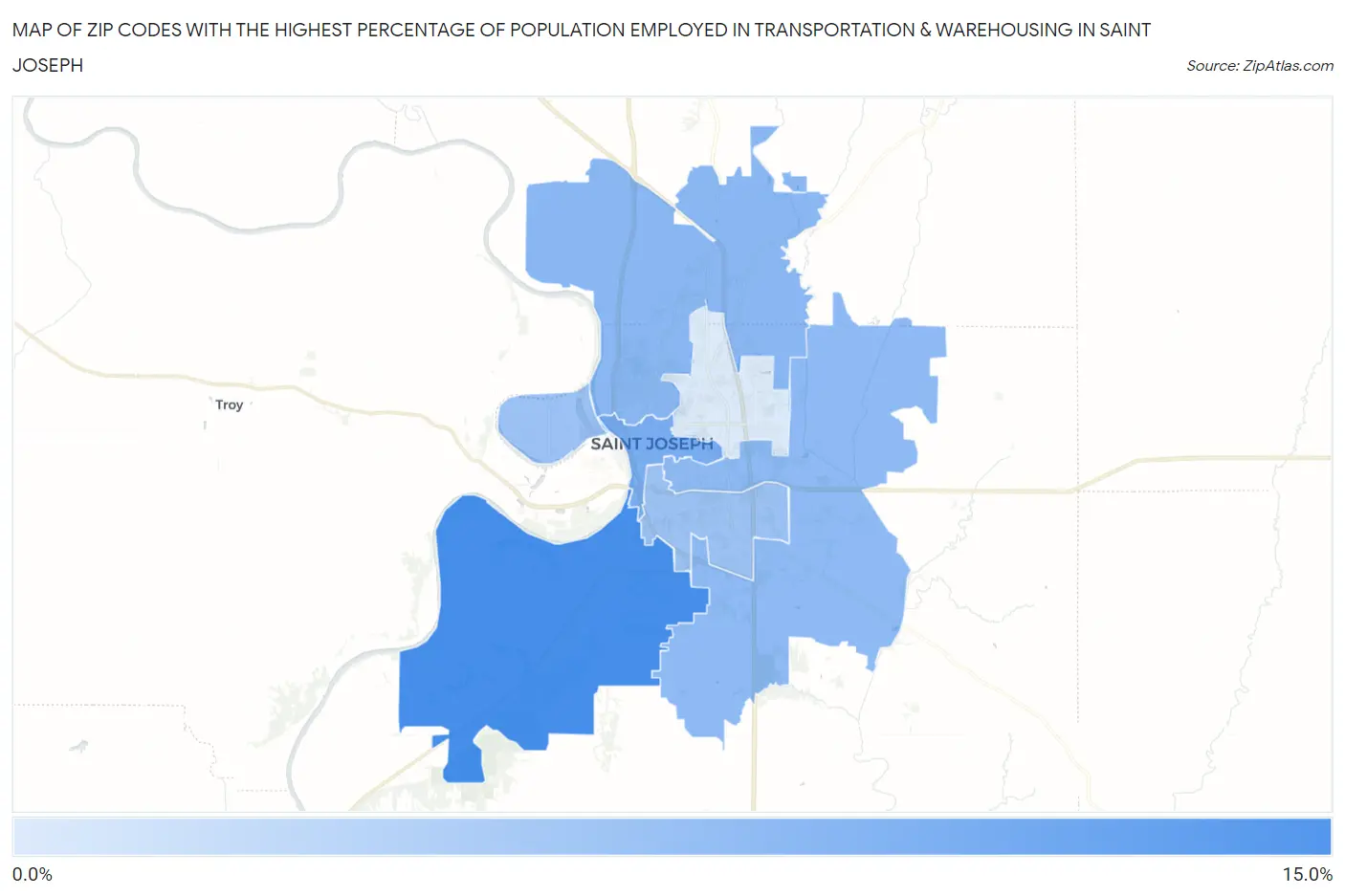 Zip Codes with the Highest Percentage of Population Employed in Transportation & Warehousing in Saint Joseph Map