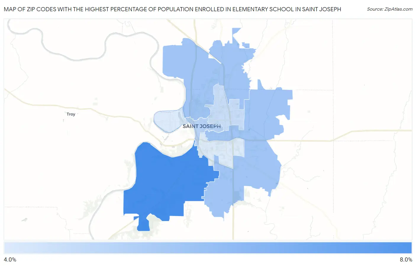 Zip Codes with the Highest Percentage of Population Enrolled in Elementary School in Saint Joseph Map
