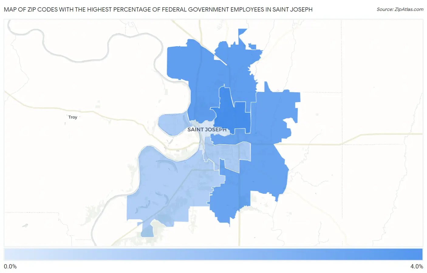 Zip Codes with the Highest Percentage of Federal Government Employees in Saint Joseph Map