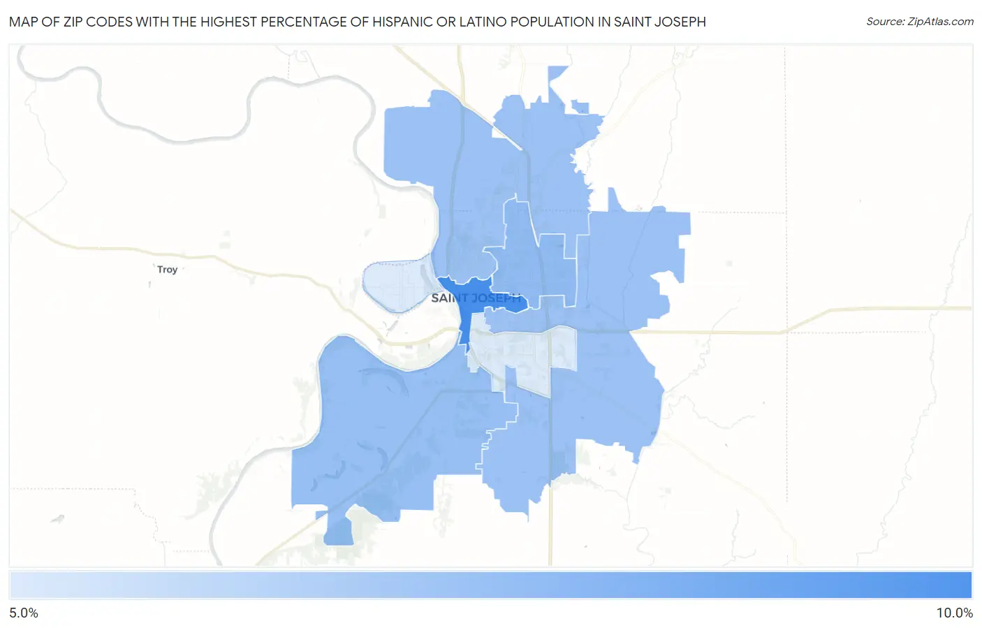 Zip Codes with the Highest Percentage of Hispanic or Latino Population in Saint Joseph Map