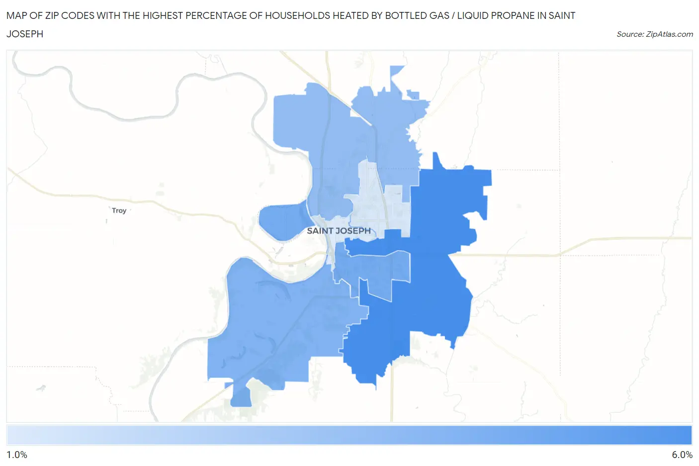 Zip Codes with the Highest Percentage of Households Heated by Bottled Gas / Liquid Propane in Saint Joseph Map