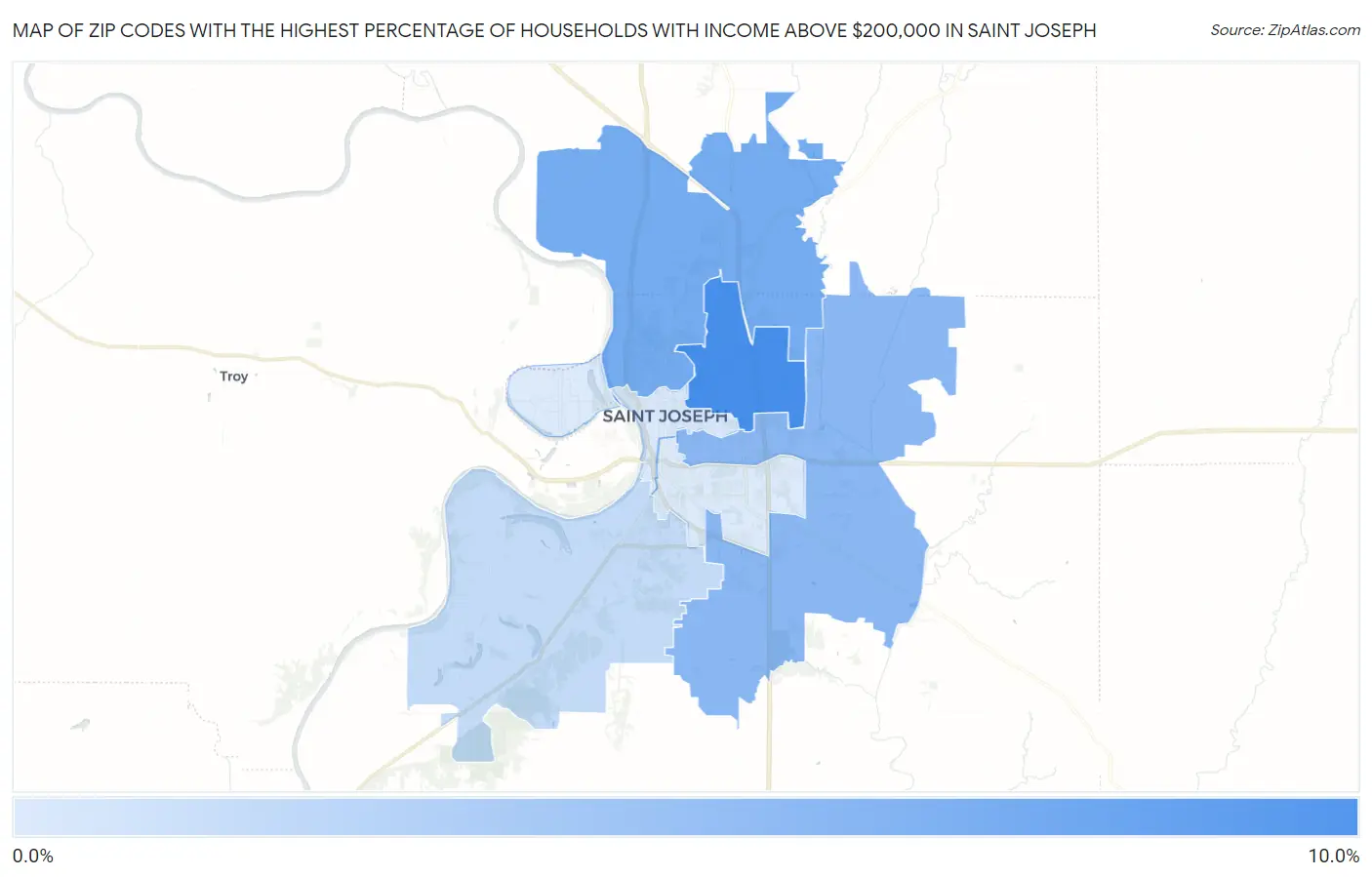 Zip Codes with the Highest Percentage of Households with Income Above $200,000 in Saint Joseph Map