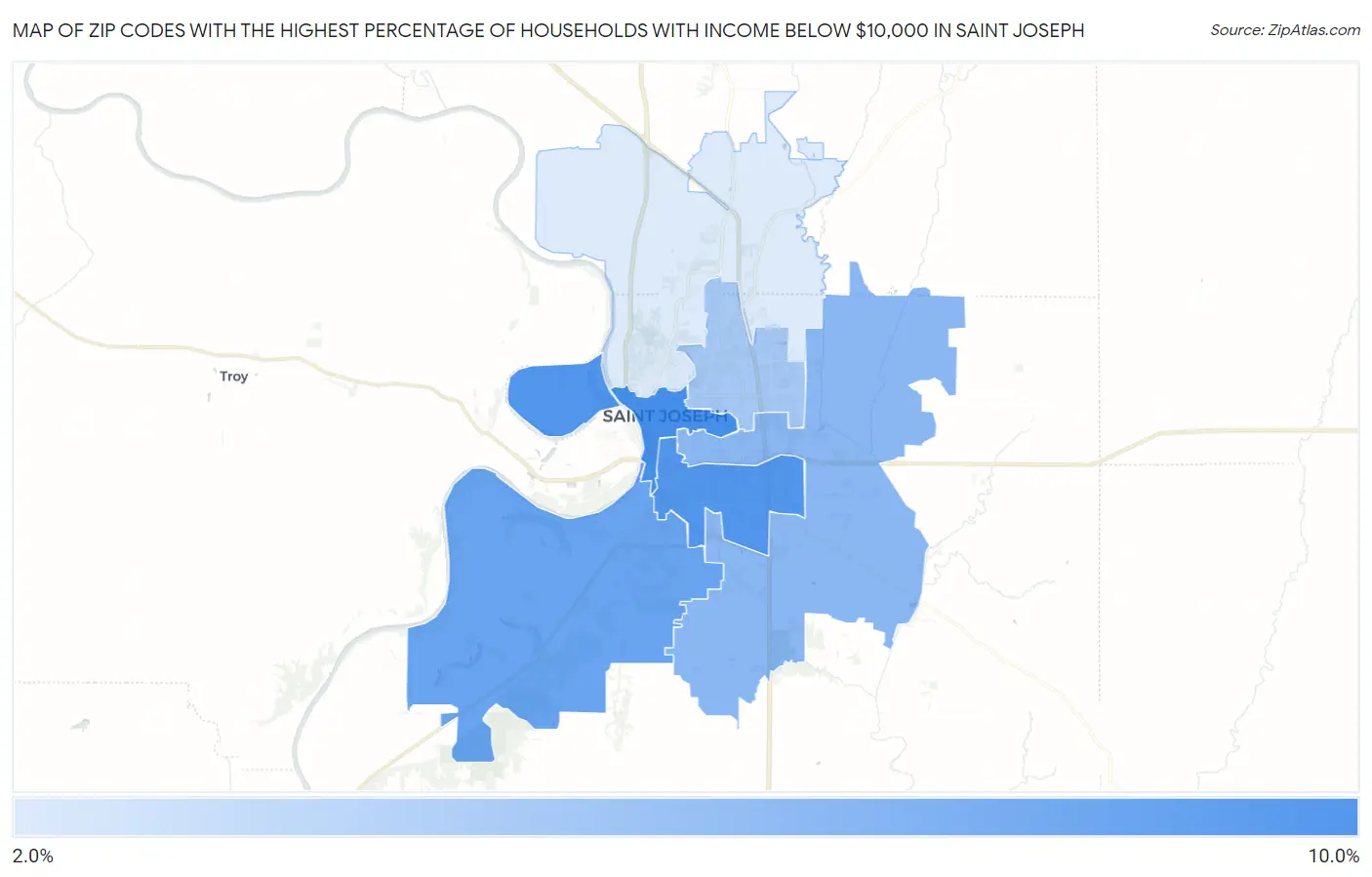 Zip Codes with the Highest Percentage of Households with Income Below $10,000 in Saint Joseph Map