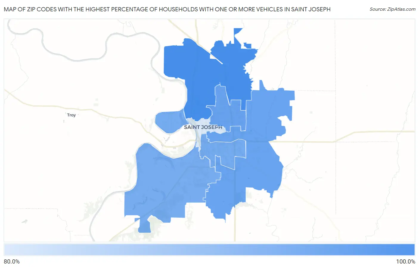 Zip Codes with the Highest Percentage of Households With One or more Vehicles in Saint Joseph Map