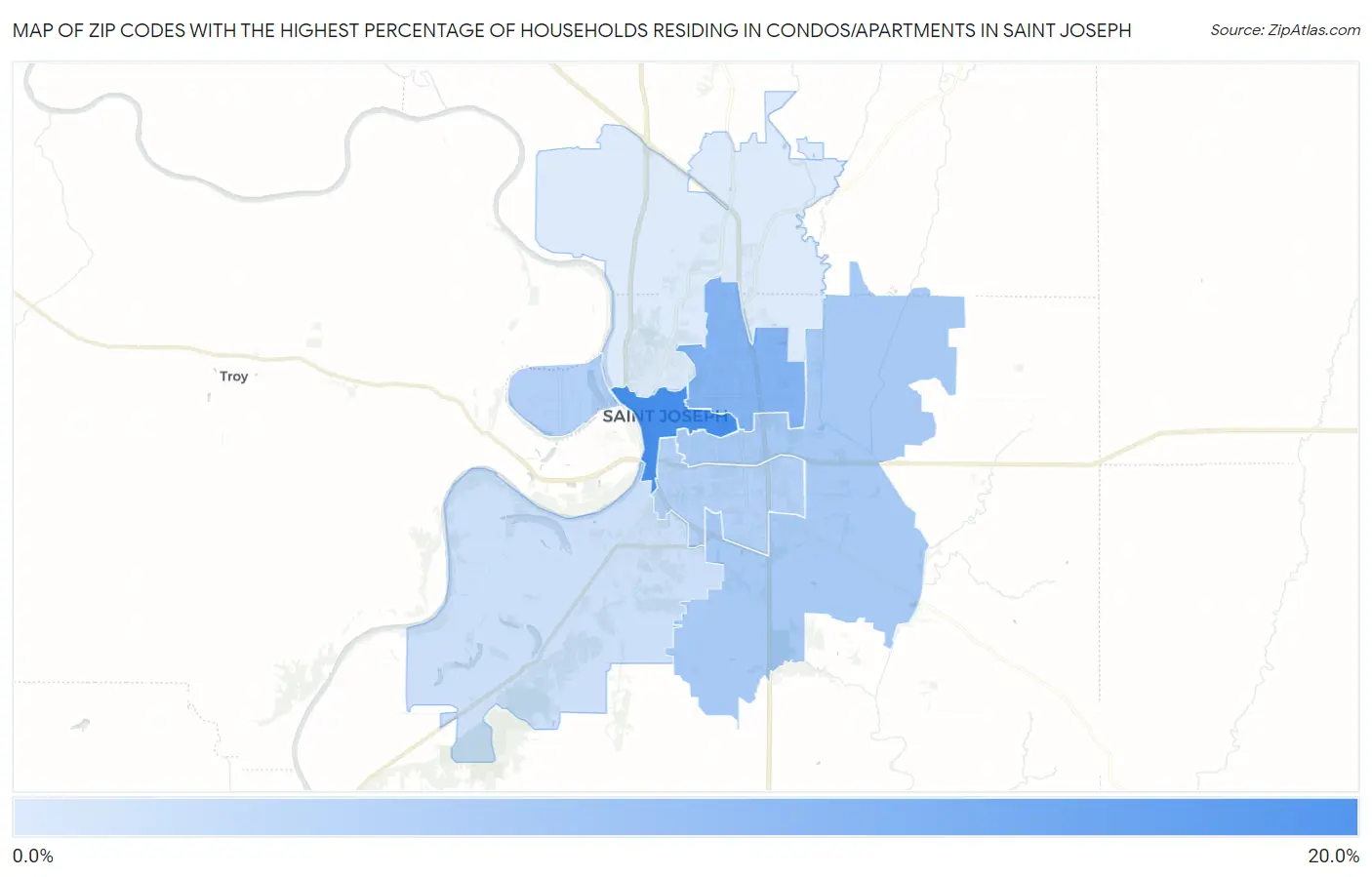 Zip Codes with the Highest Percentage of Households Residing in Condos/Apartments in Saint Joseph Map