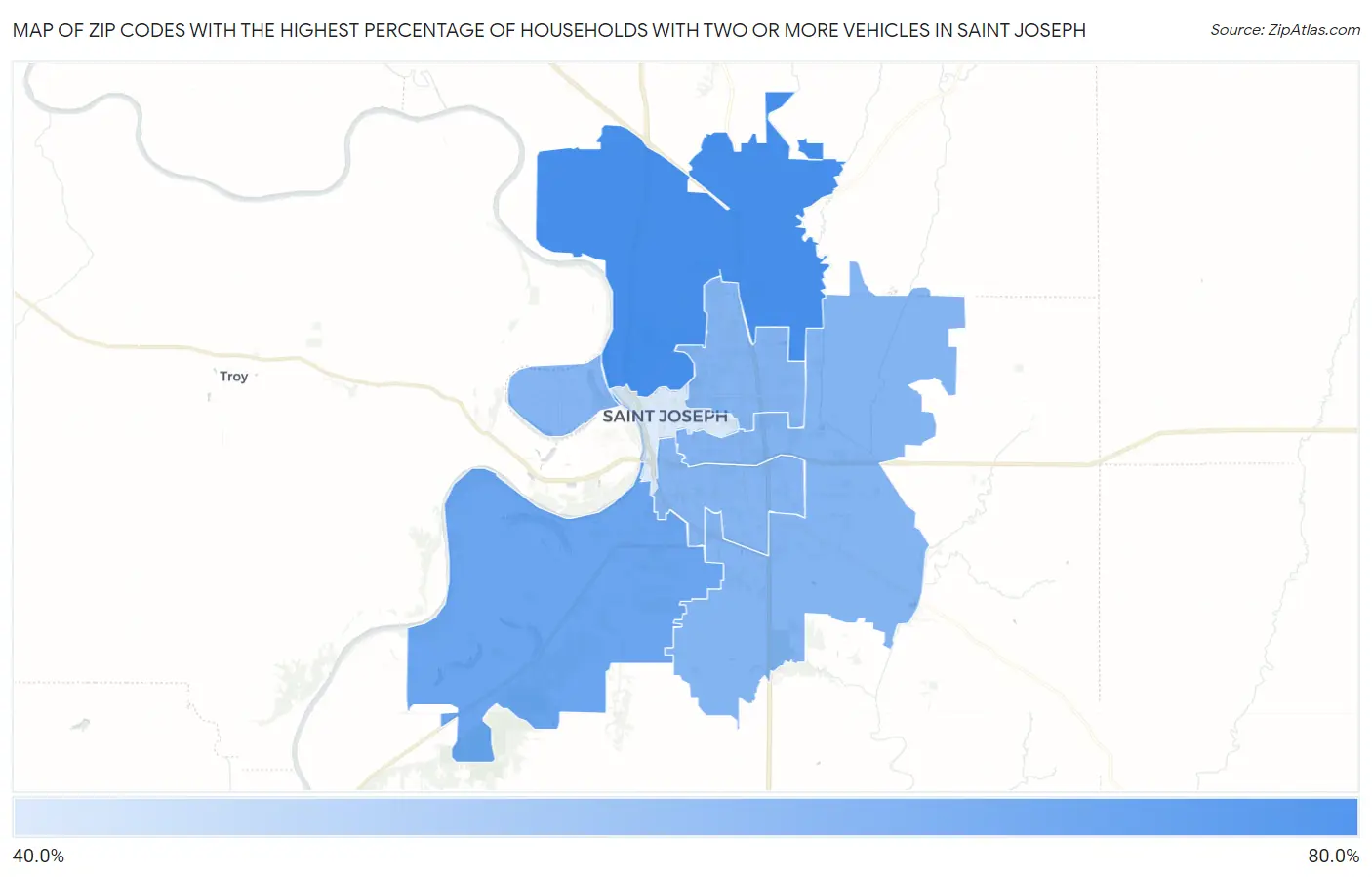 Zip Codes with the Highest Percentage of Households With Two or more Vehicles in Saint Joseph Map