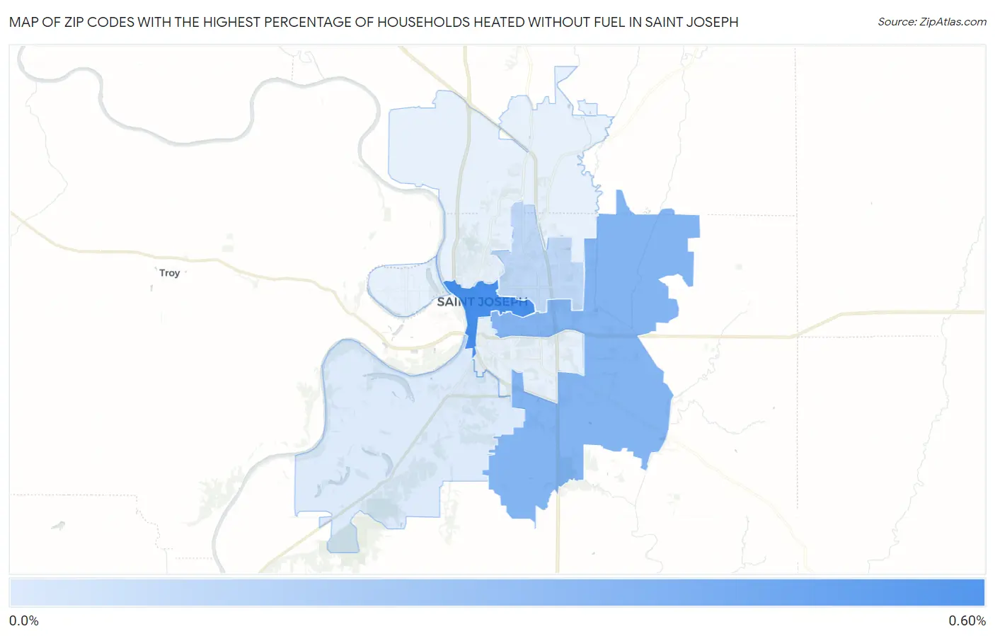 Zip Codes with the Highest Percentage of Households Heated without Fuel in Saint Joseph Map