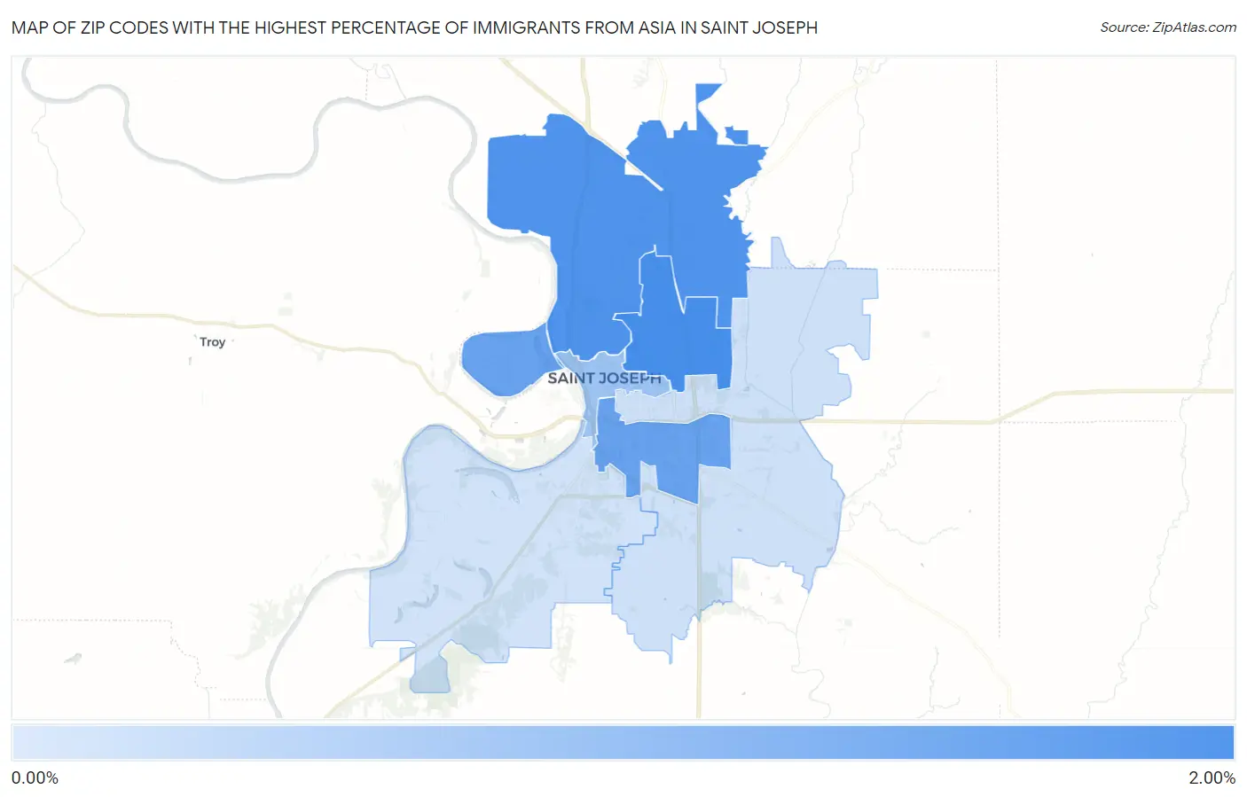 Zip Codes with the Highest Percentage of Immigrants from Asia in Saint Joseph Map