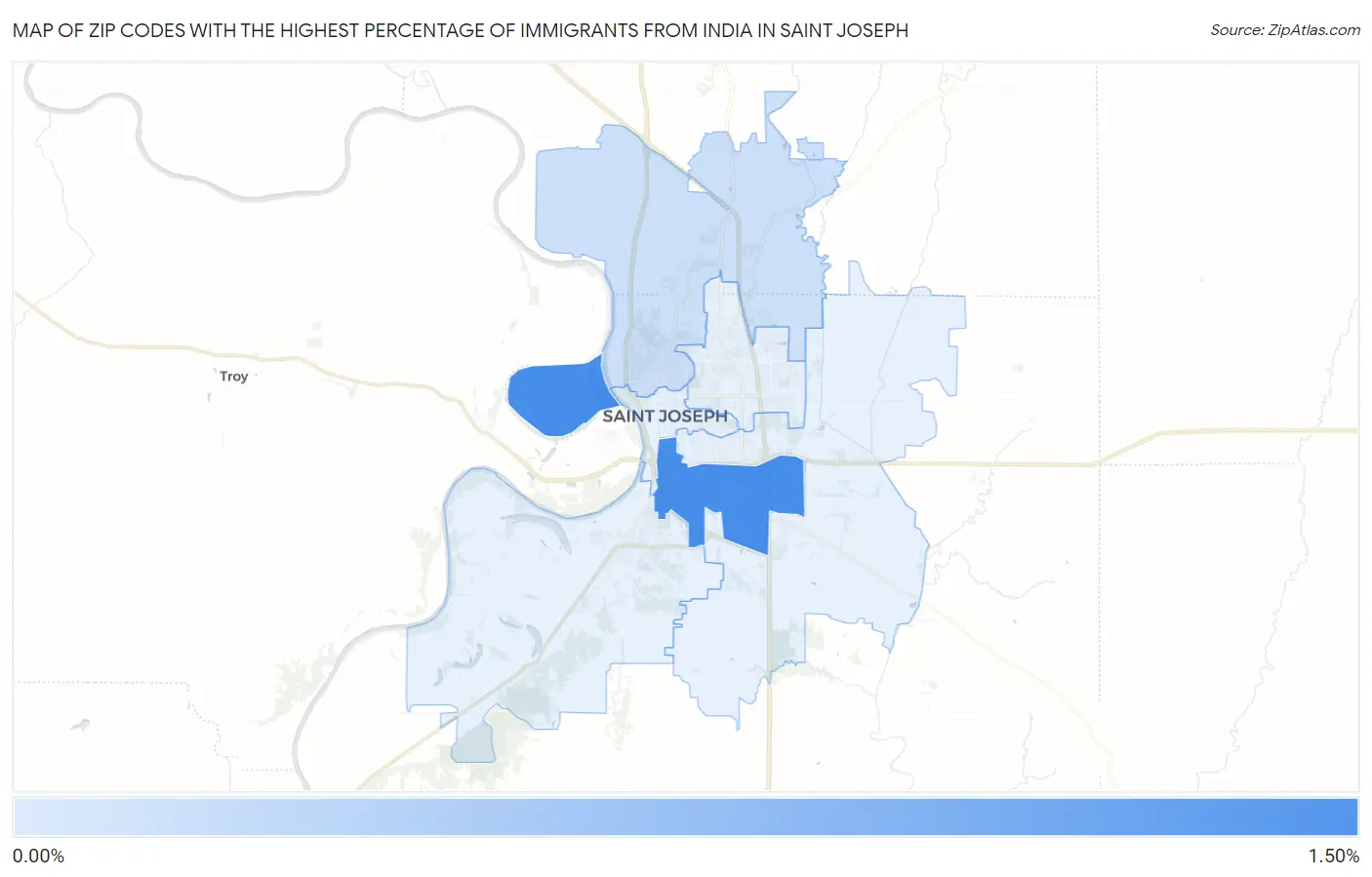 Zip Codes with the Highest Percentage of Immigrants from India in Saint Joseph Map