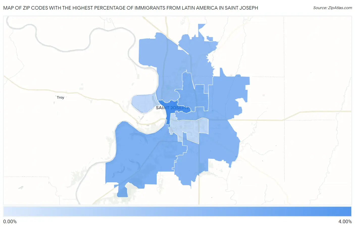 Zip Codes with the Highest Percentage of Immigrants from Latin America in Saint Joseph Map