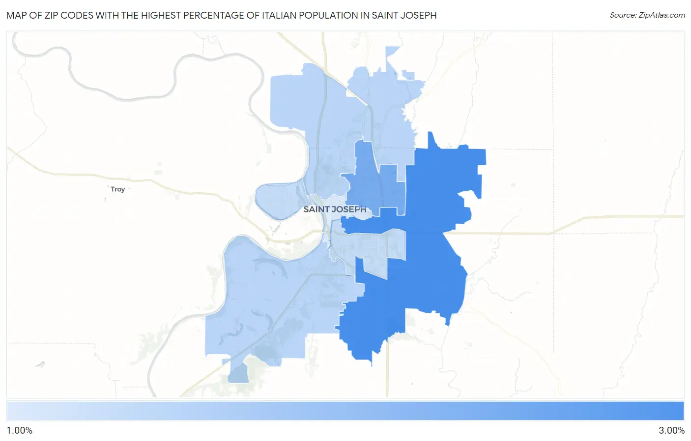 Zip Codes with the Highest Percentage of Italian Population in Saint Joseph Map