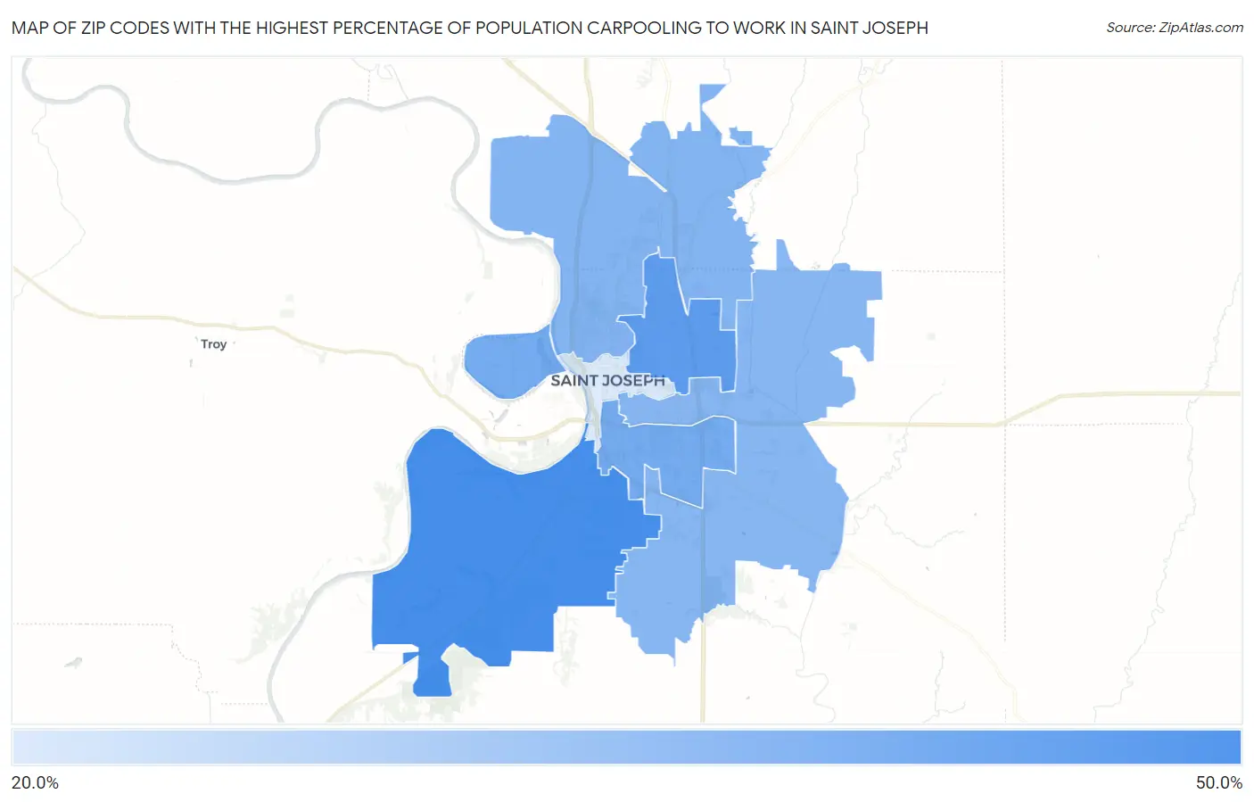 Zip Codes with the Highest Percentage of Population Carpooling to Work in Saint Joseph Map