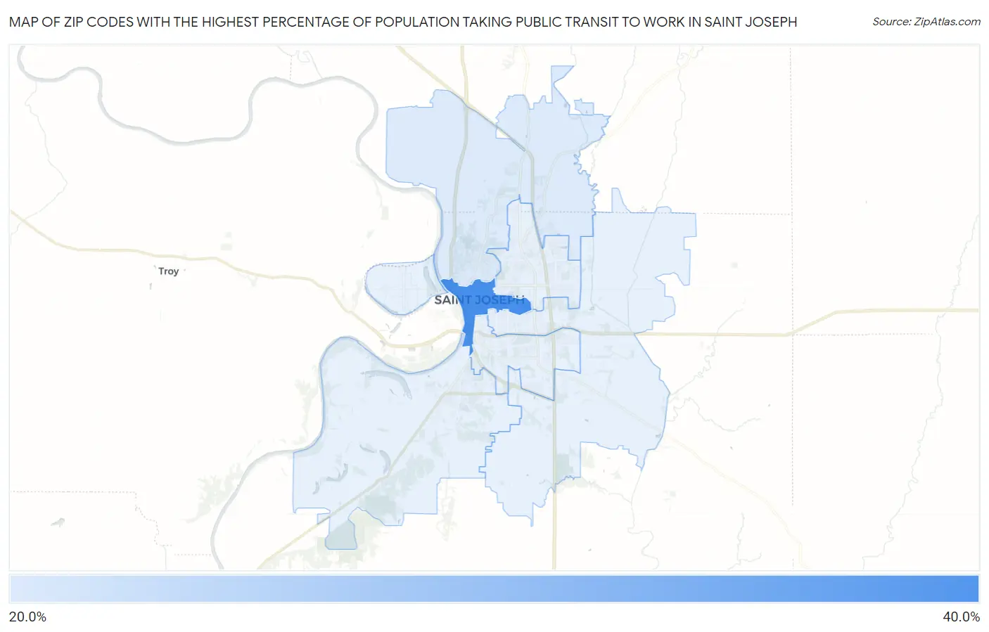 Zip Codes with the Highest Percentage of Population Taking Public Transit to Work in Saint Joseph Map