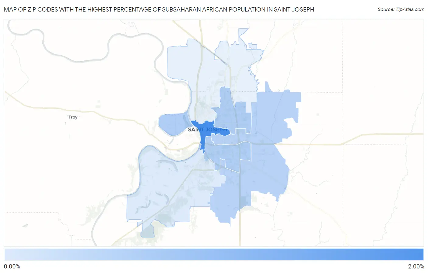 Zip Codes with the Highest Percentage of Subsaharan African Population in Saint Joseph Map