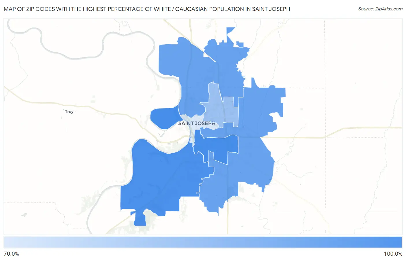 Zip Codes with the Highest Percentage of White / Caucasian Population in Saint Joseph Map