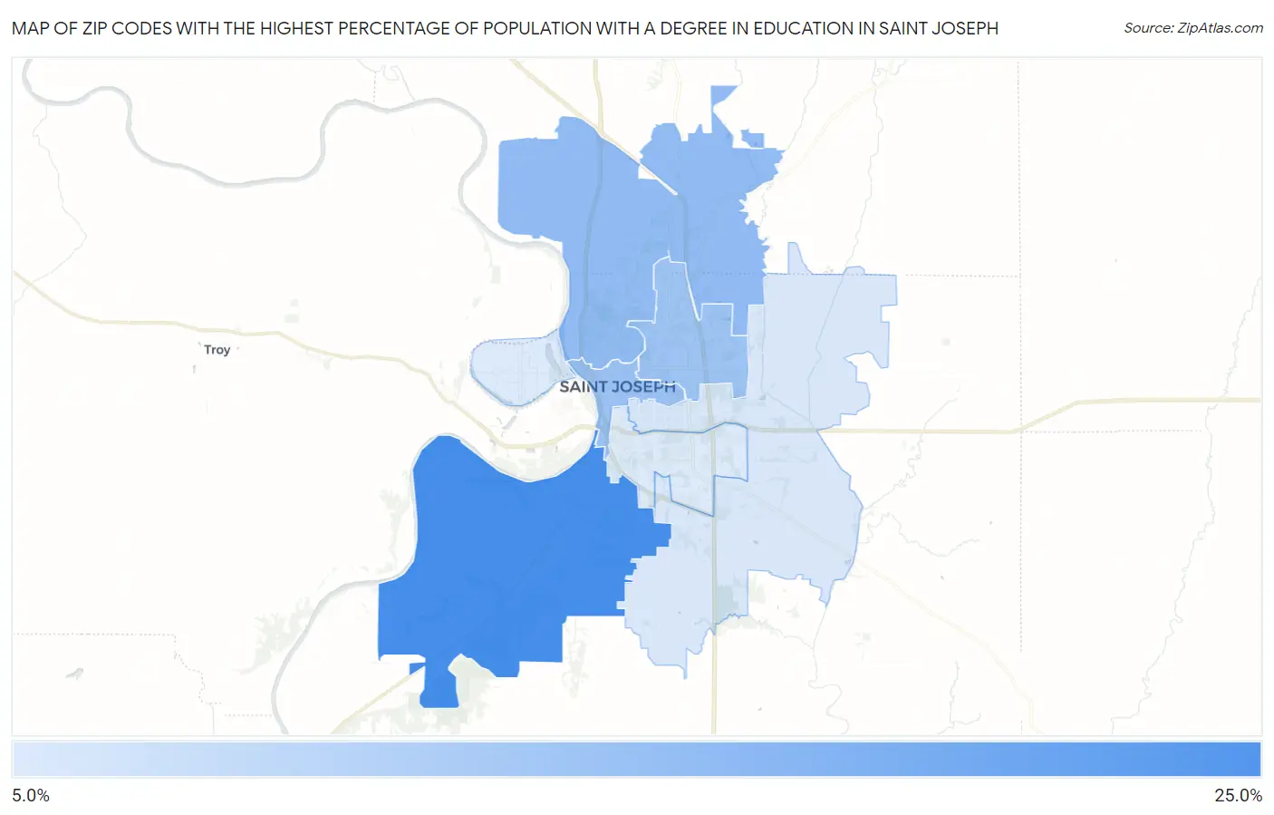 Zip Codes with the Highest Percentage of Population with a Degree in Education in Saint Joseph Map