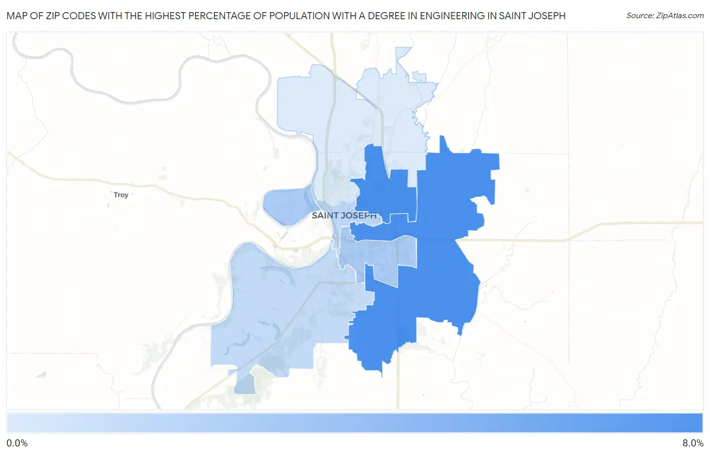 Zip Codes with the Highest Percentage of Population with a Degree in Engineering in Saint Joseph Map