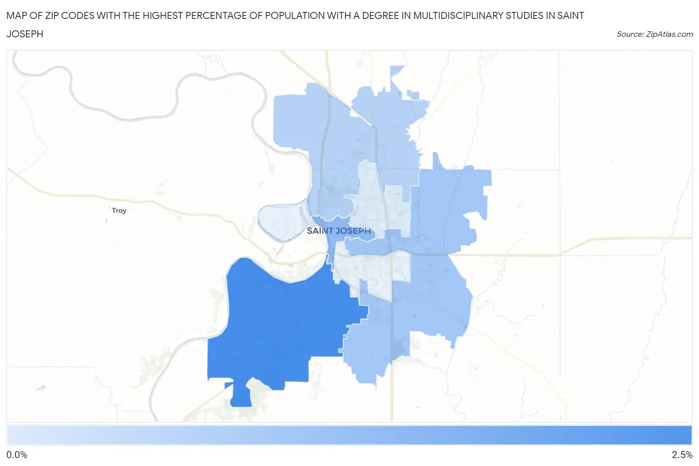 Zip Codes with the Highest Percentage of Population with a Degree in Multidisciplinary Studies in Saint Joseph Map