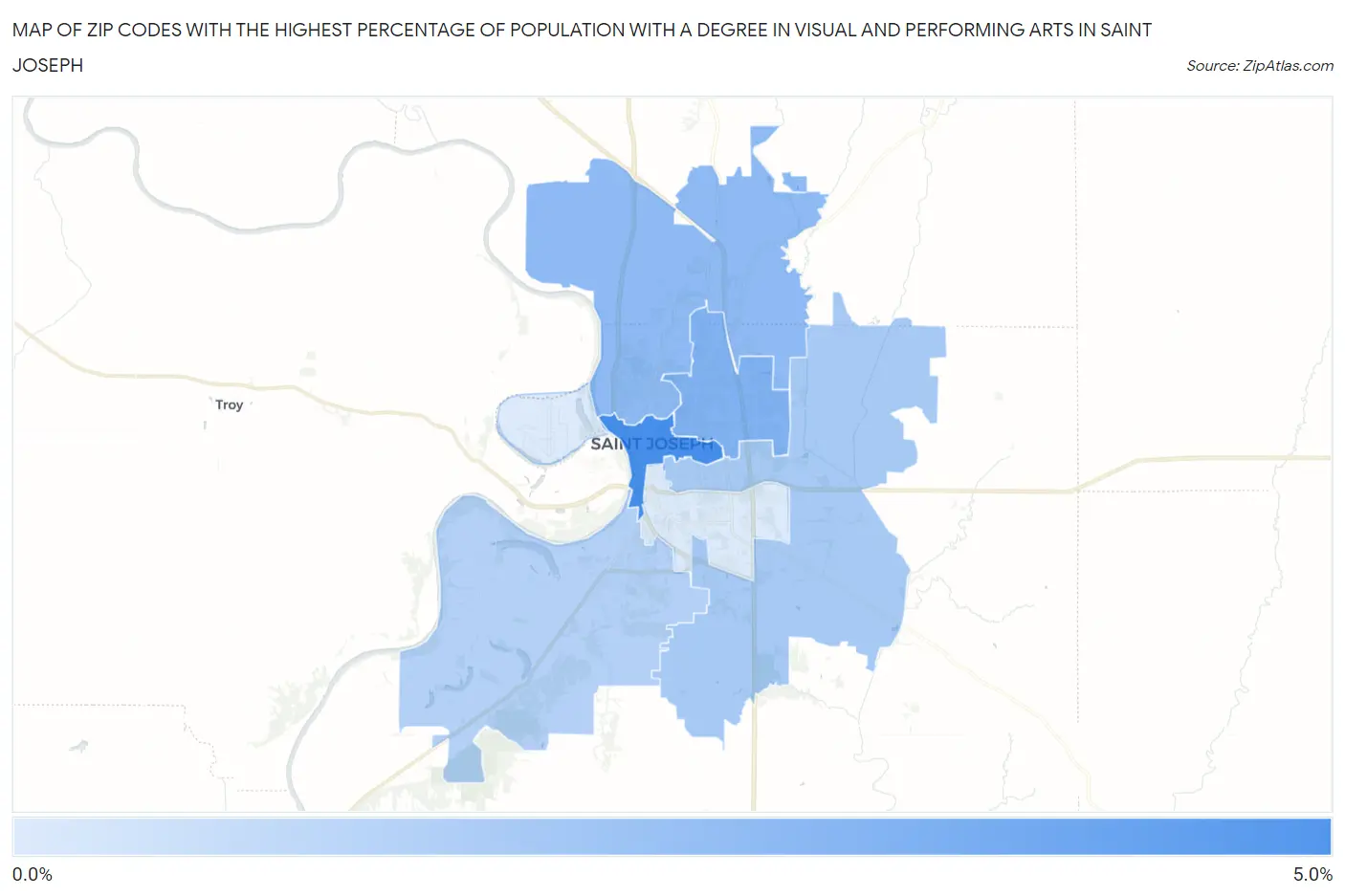 Zip Codes with the Highest Percentage of Population with a Degree in Visual and Performing Arts in Saint Joseph Map