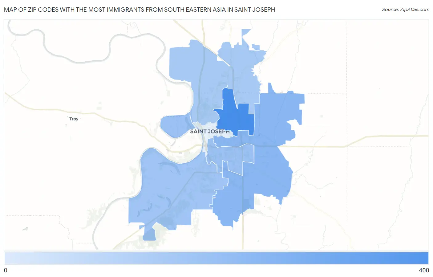 Zip Codes with the Most Immigrants from South Eastern Asia in Saint Joseph Map