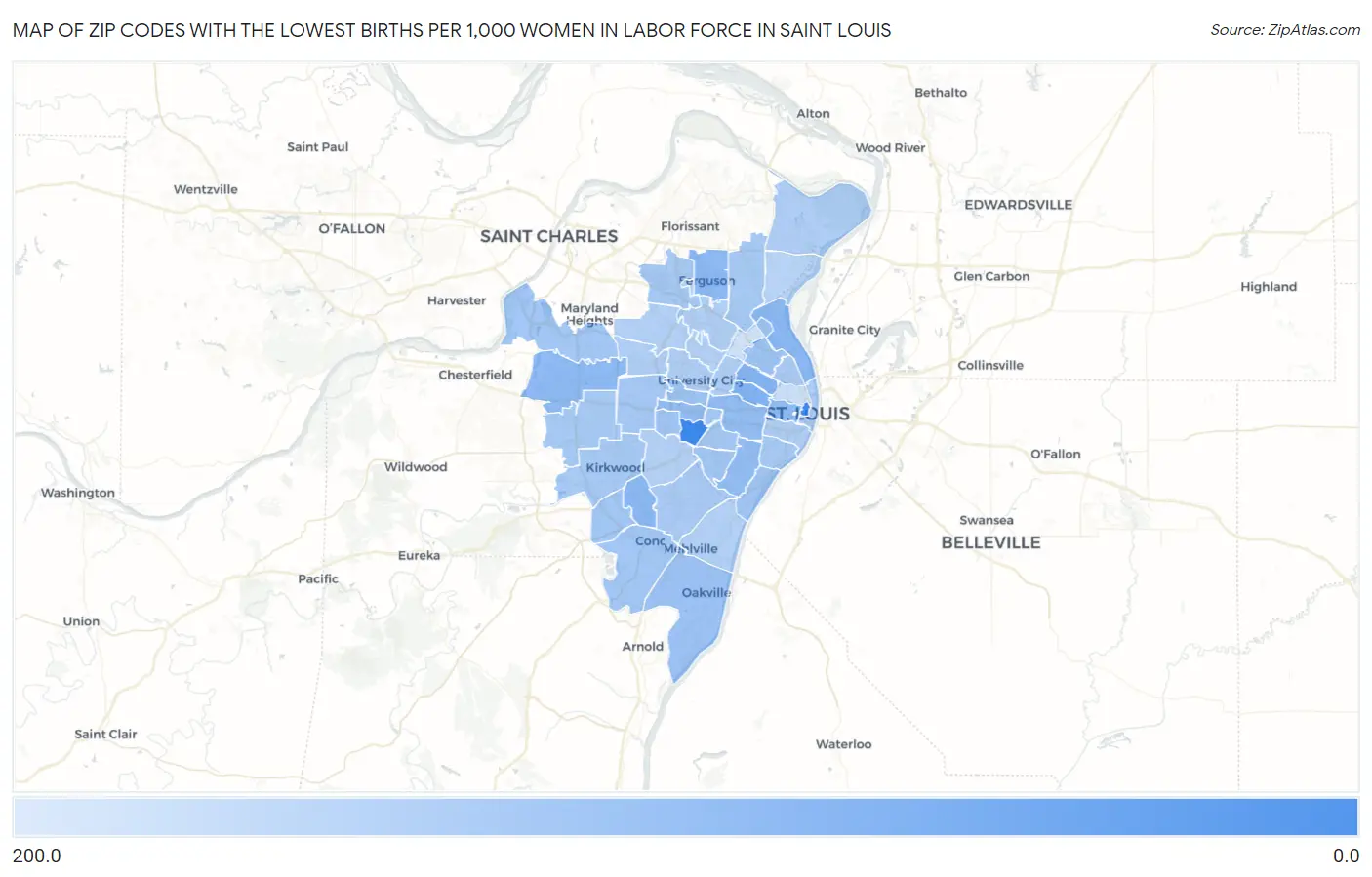 Zip Codes with the Lowest Births per 1,000 Women in Labor Force in Saint Louis Map