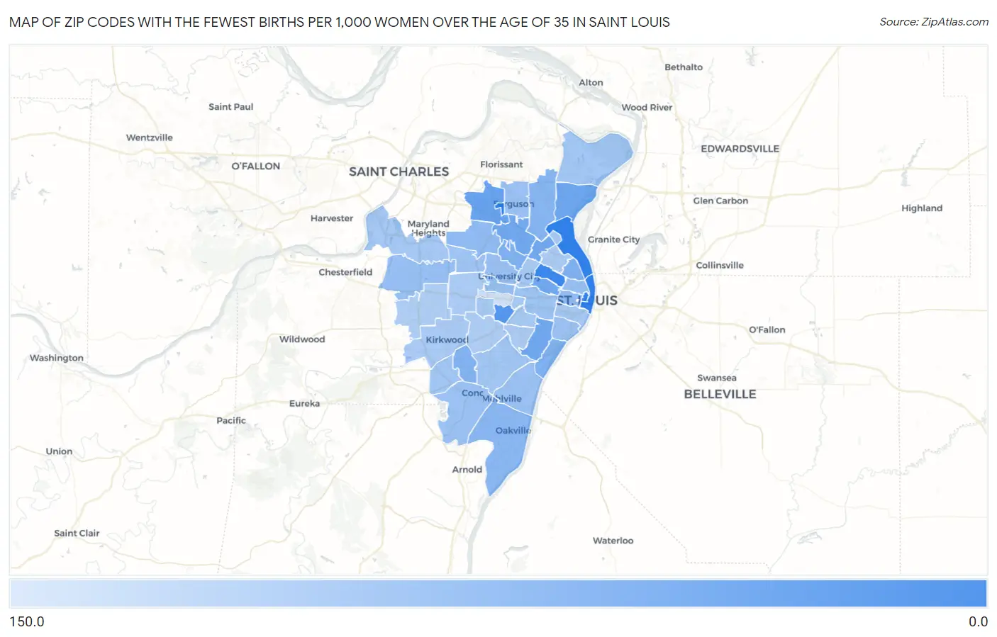 Zip Codes with the Fewest Births per 1,000 Women Over the Age of 35 in Saint Louis Map