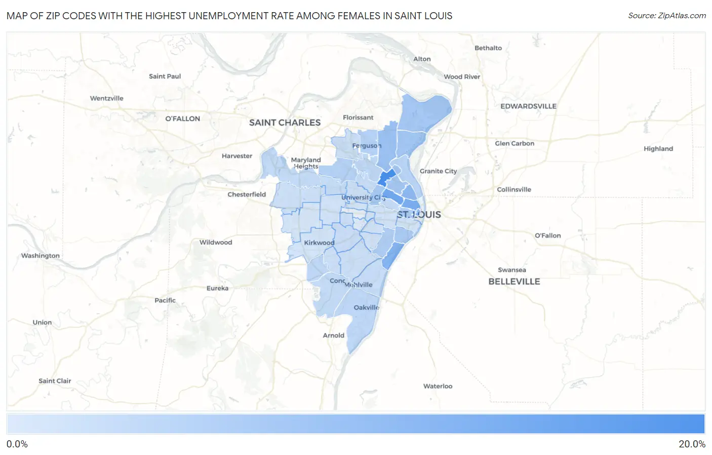 Zip Codes with the Highest Unemployment Rate Among Females in Saint Louis Map