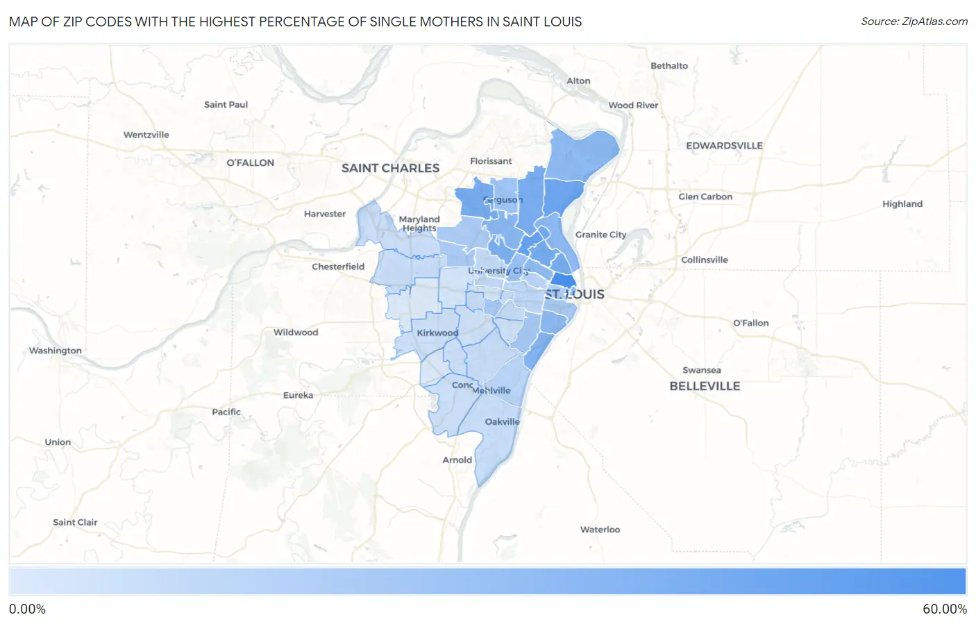 Zip Codes with the Highest Percentage of Single Mothers in Saint Louis Map
