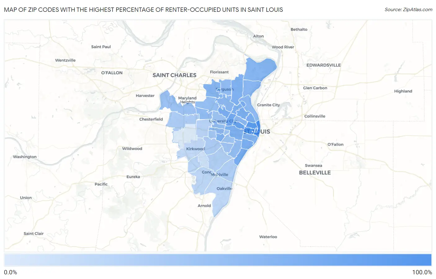 Zip Codes with the Highest Percentage of Renter-Occupied Units in Saint Louis Map