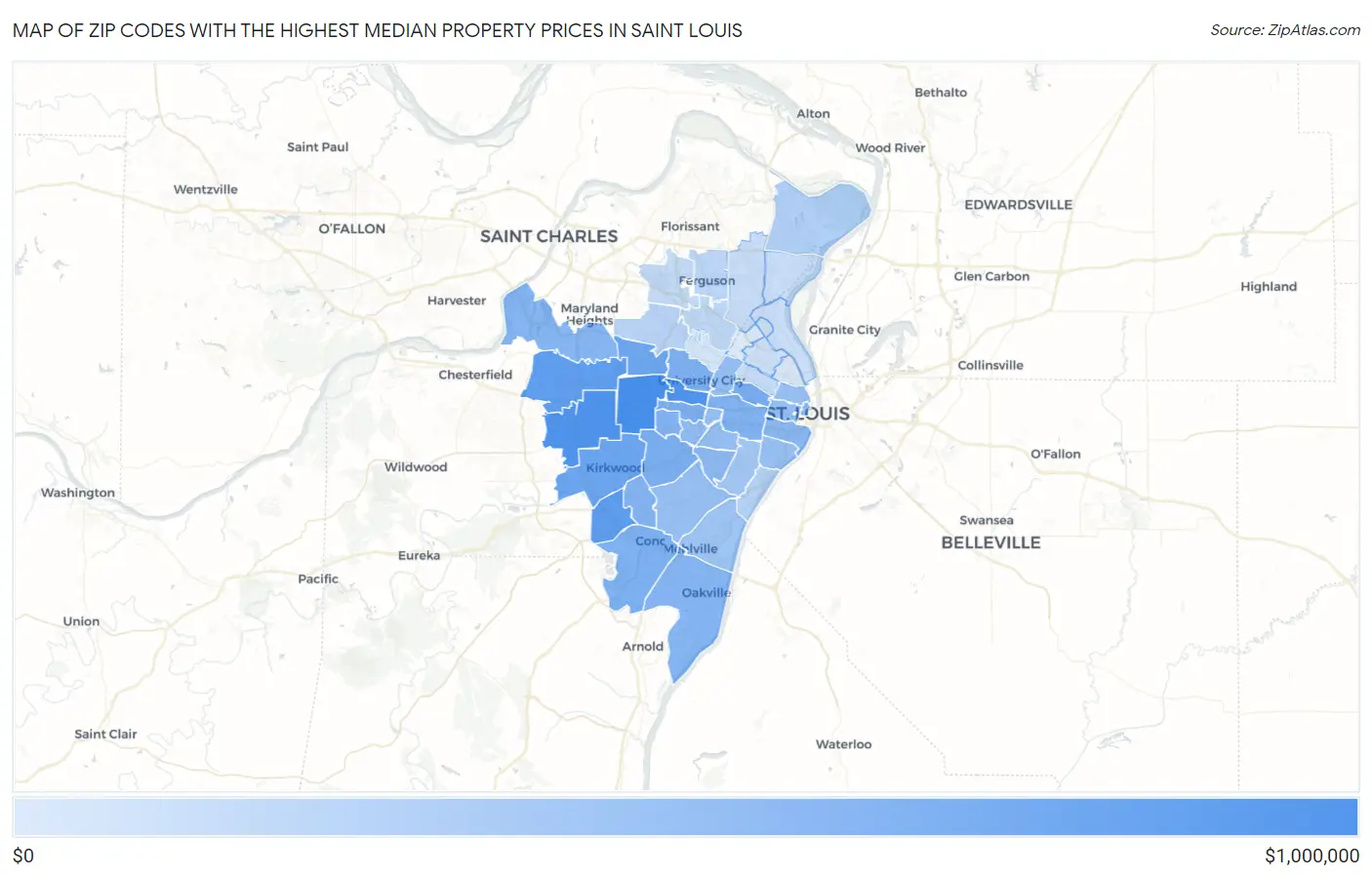 Zip Codes with the Highest Median Property Prices in Saint Louis Map