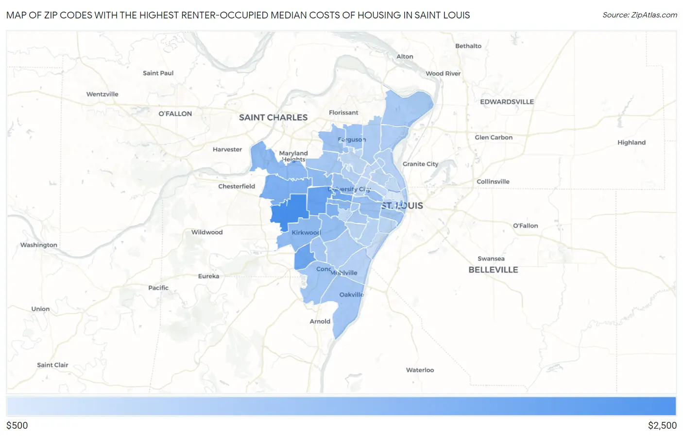Zip Codes with the Highest Renter-Occupied Median Costs of Housing in Saint Louis Map