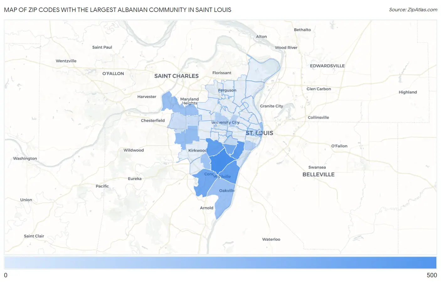 Zip Codes with the Largest Albanian Community in Saint Louis Map