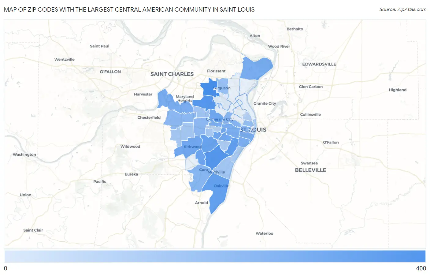 Zip Codes with the Largest Central American Community in Saint Louis Map
