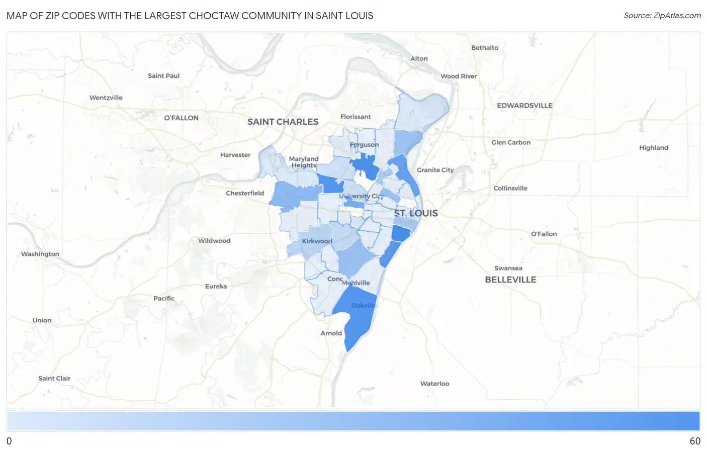 Zip Codes with the Largest Choctaw Community in Saint Louis Map