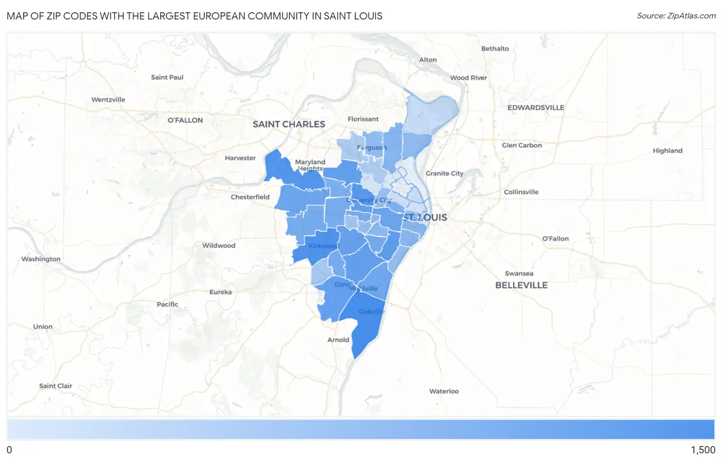 Zip Codes with the Largest European Community in Saint Louis Map