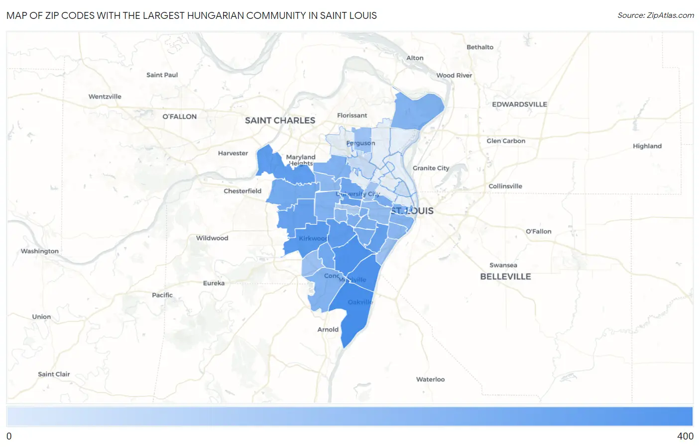 Zip Codes with the Largest Hungarian Community in Saint Louis Map