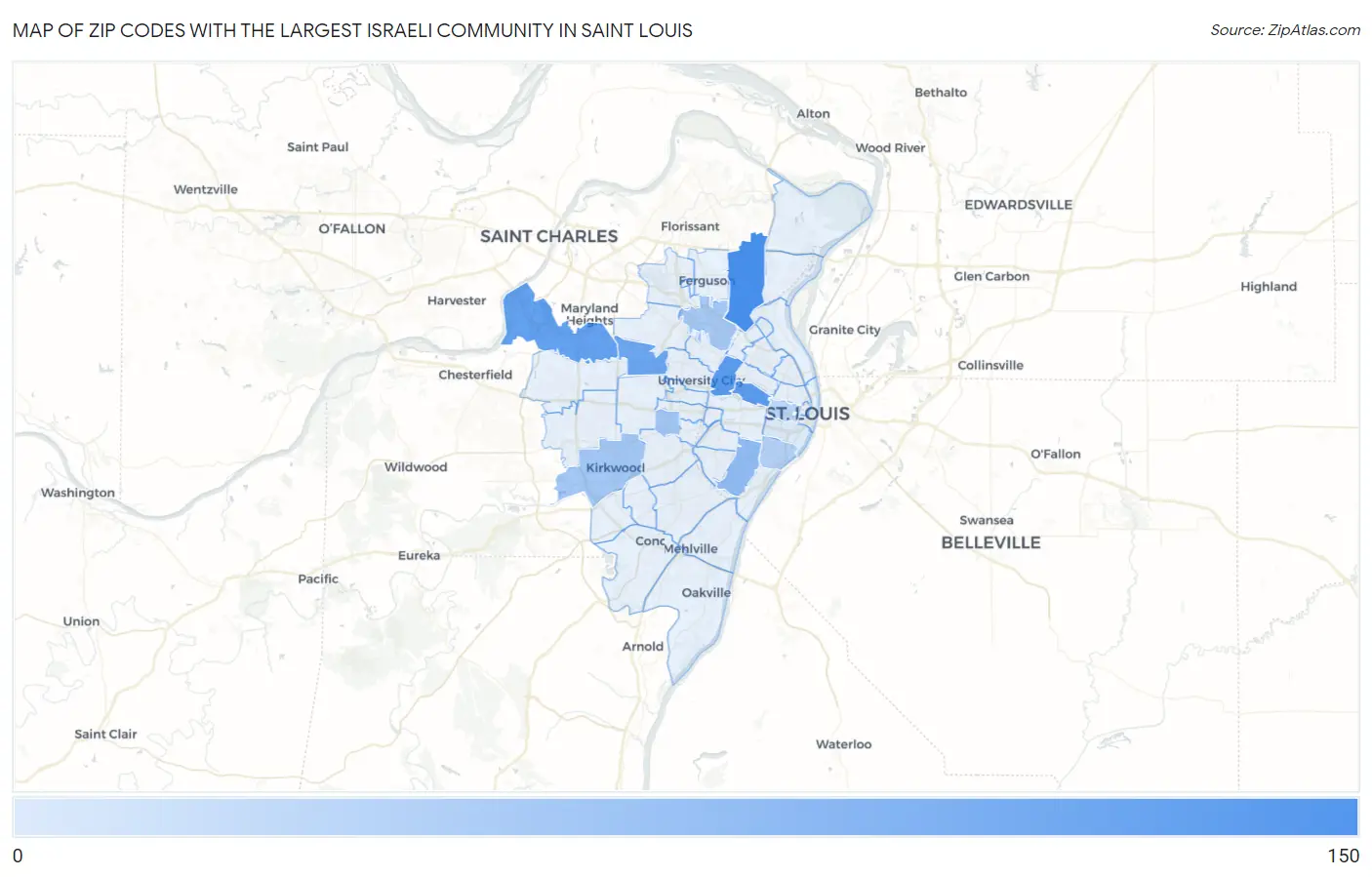 Zip Codes with the Largest Israeli Community in Saint Louis Map