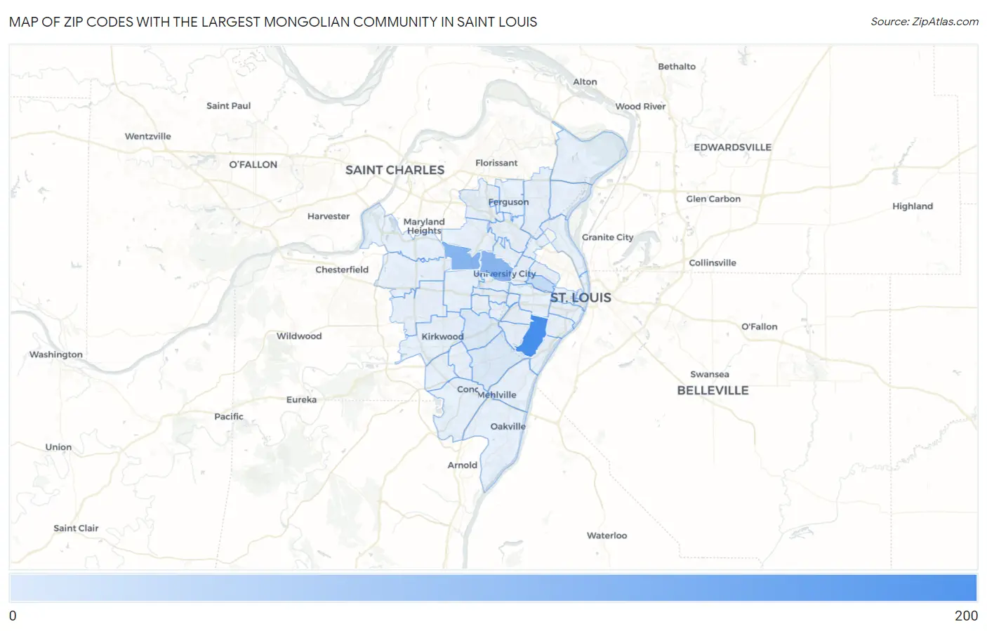 Zip Codes with the Largest Mongolian Community in Saint Louis Map