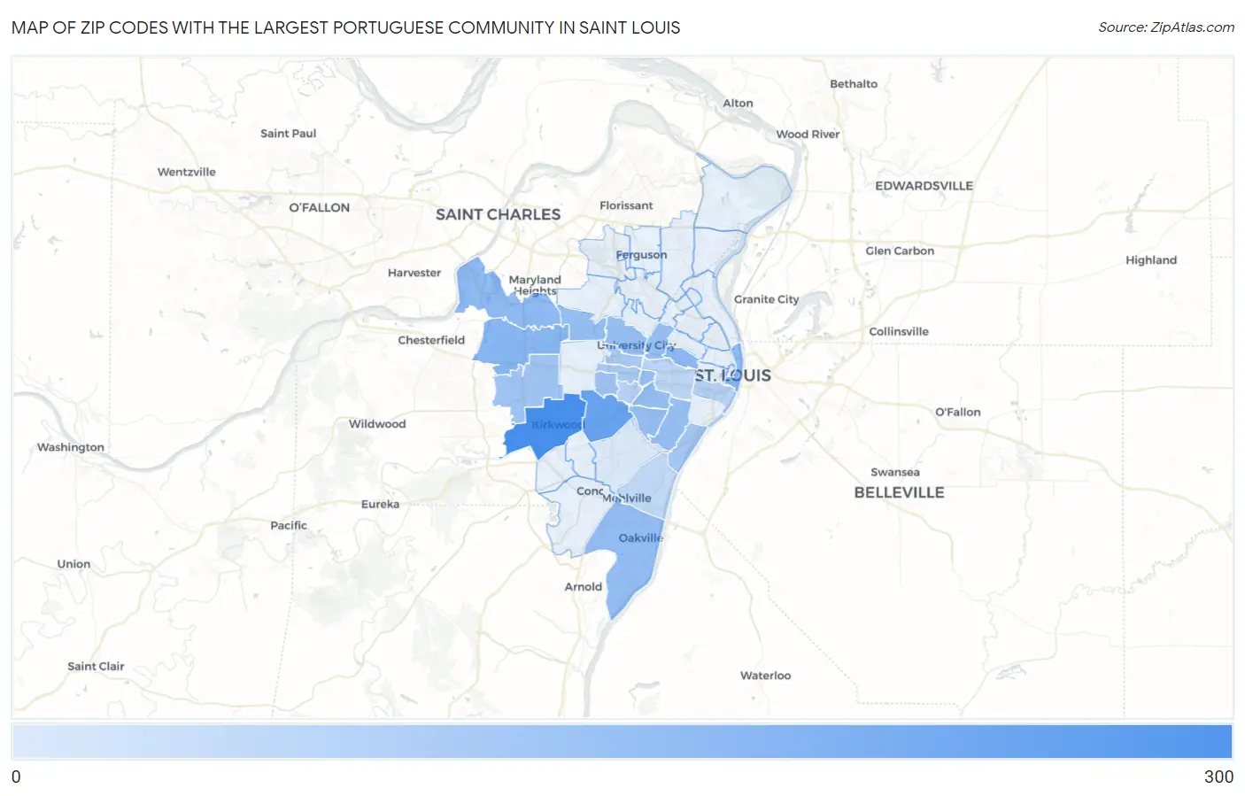 Zip Codes with the Largest Portuguese Community in Saint Louis Map
