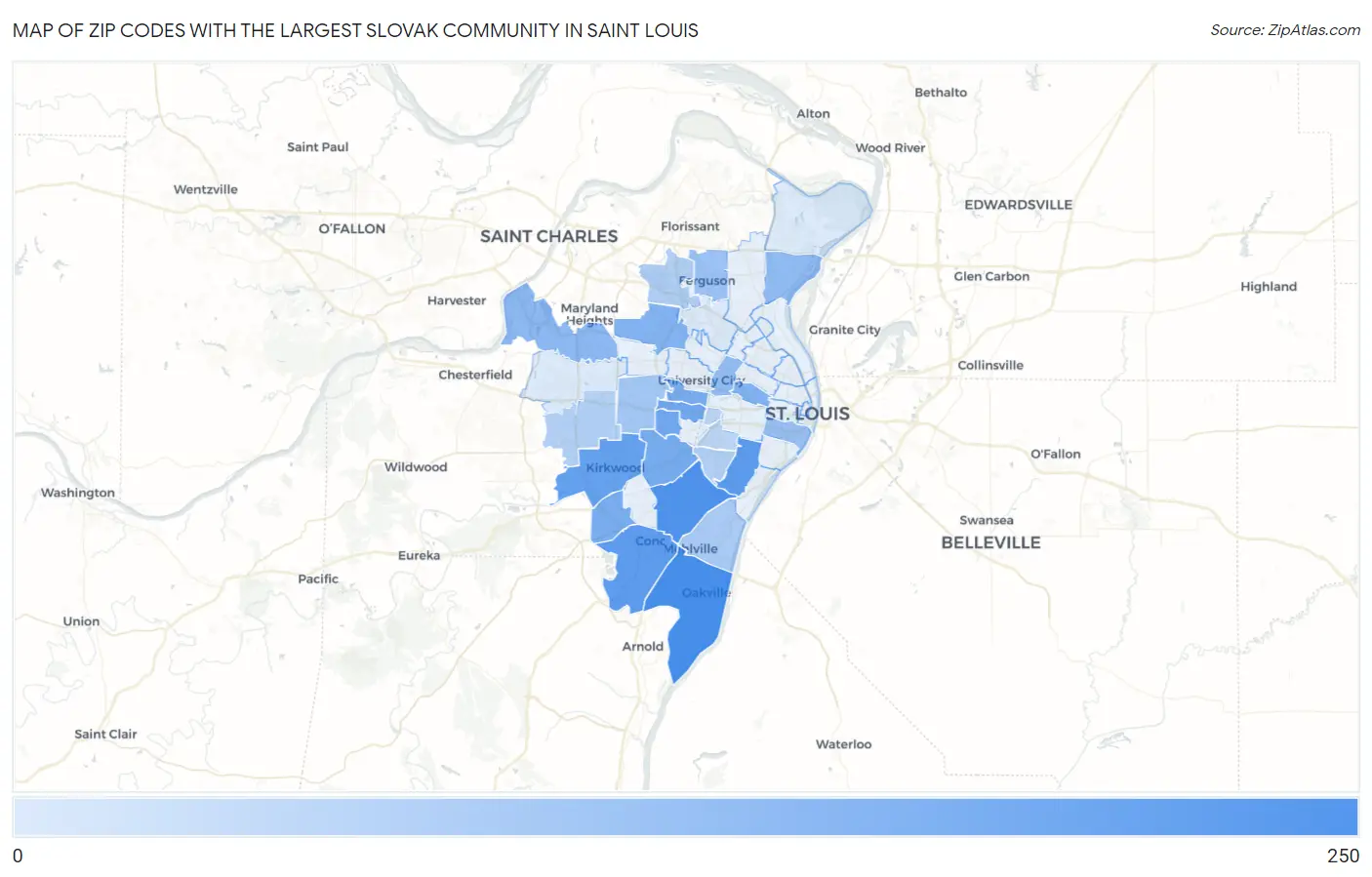 Zip Codes with the Largest Slovak Community in Saint Louis Map