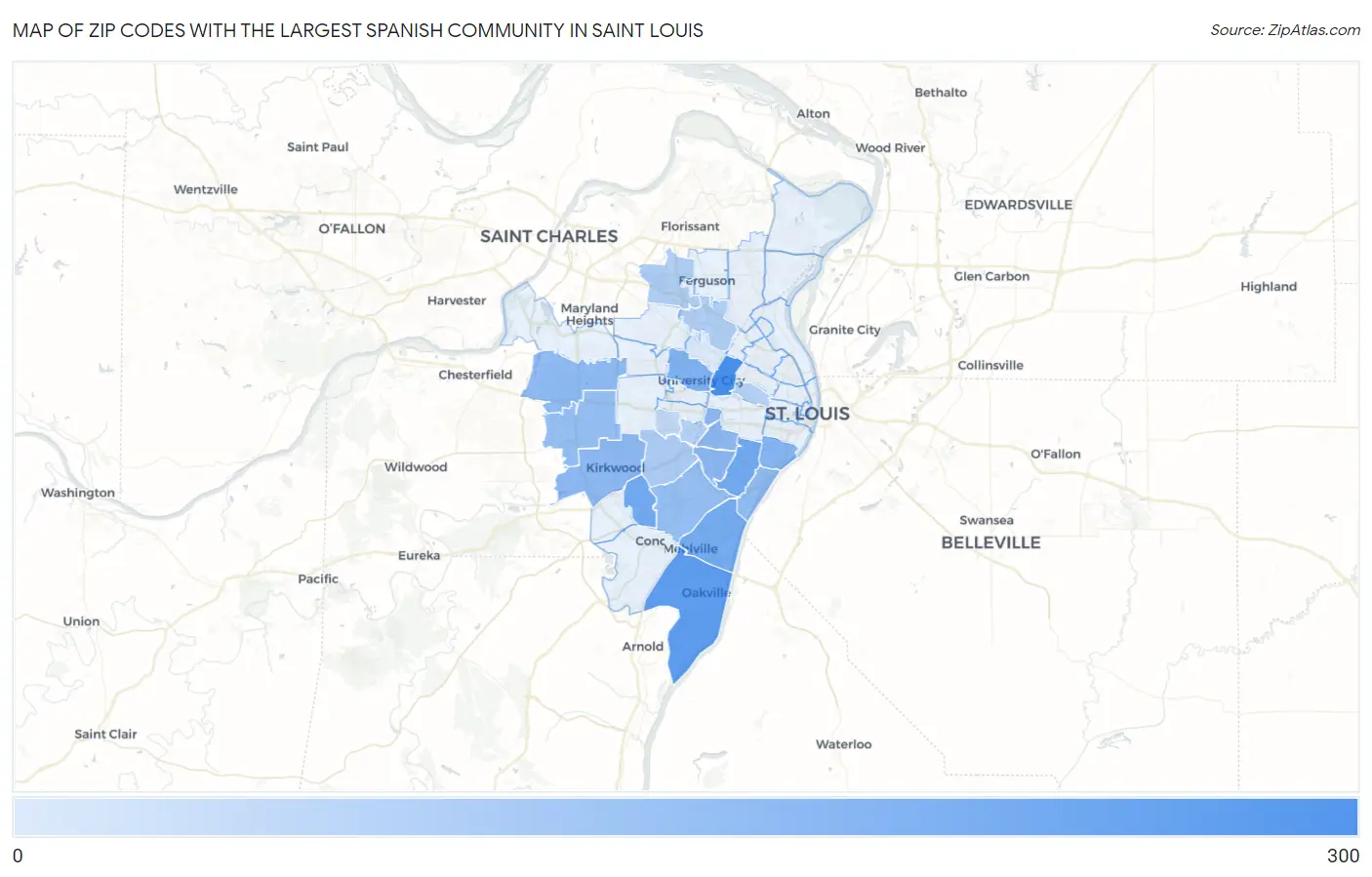 Zip Codes with the Largest Spanish Community in Saint Louis Map