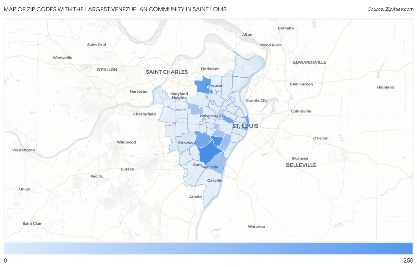Zip Codes with the Largest Venezuelan Community in Saint Louis Map