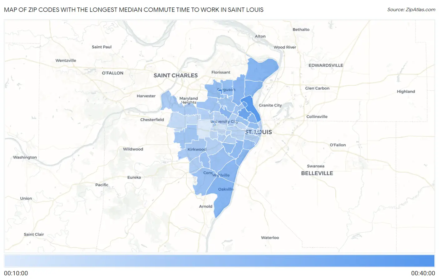 Zip Codes with the Longest Median Commute Time to Work in Saint Louis Map
