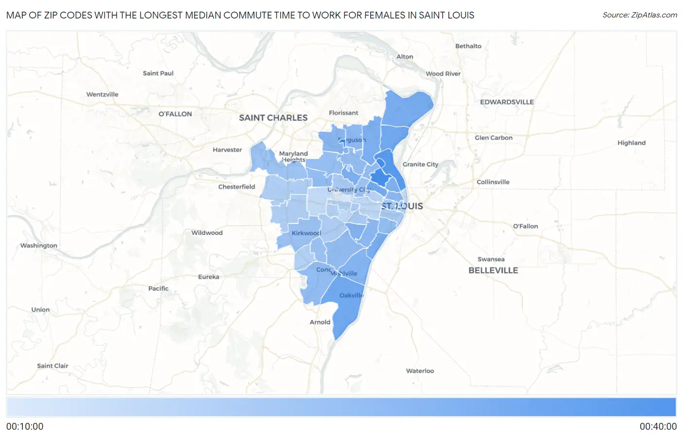 Zip Codes with the Longest Median Commute Time to Work for Females in Saint Louis Map