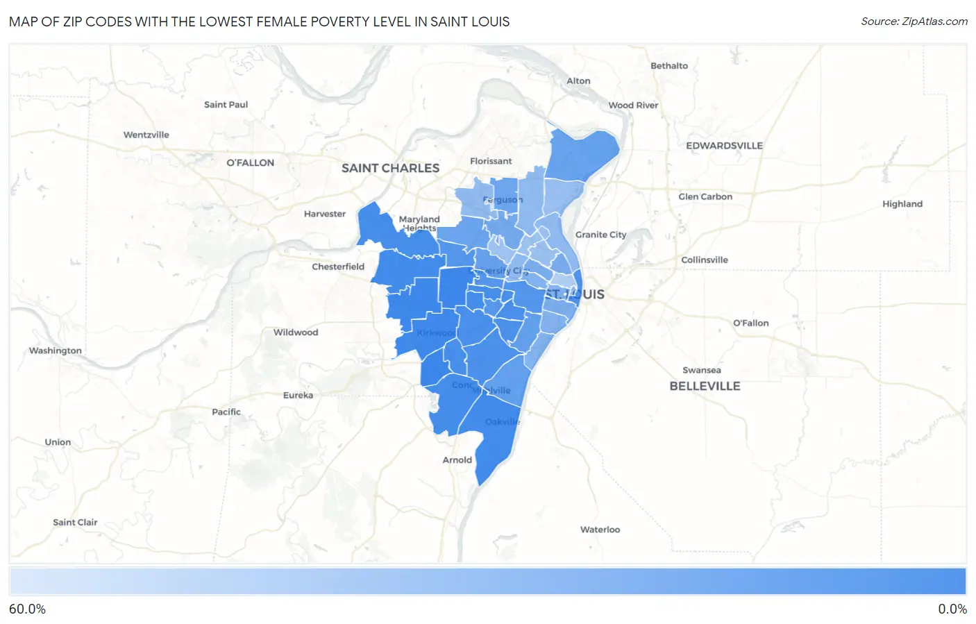 Zip Codes with the Lowest Female Poverty Level in Saint Louis Map