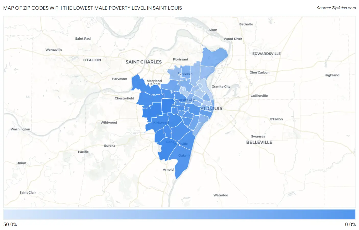Zip Codes with the Lowest Male Poverty Level in Saint Louis Map
