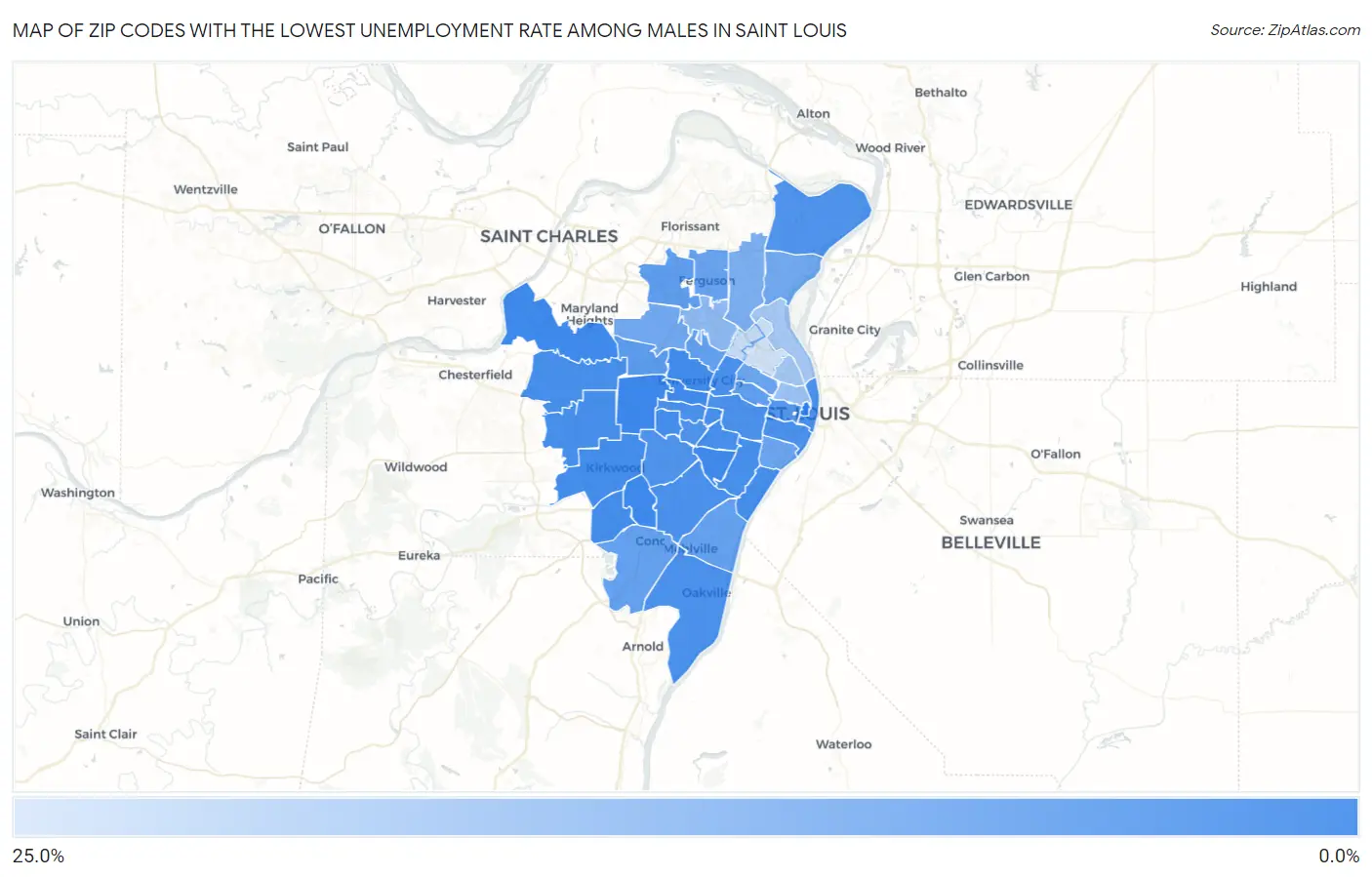 Zip Codes with the Lowest Unemployment Rate Among Males in Saint Louis Map